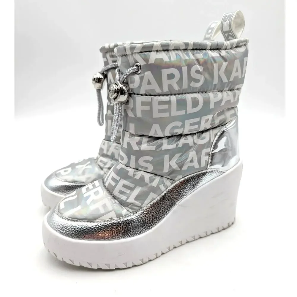 Karl Lagerfeld Paris Bronwyn Wedge Boots Women's Silver Size US5.5M EU35.5